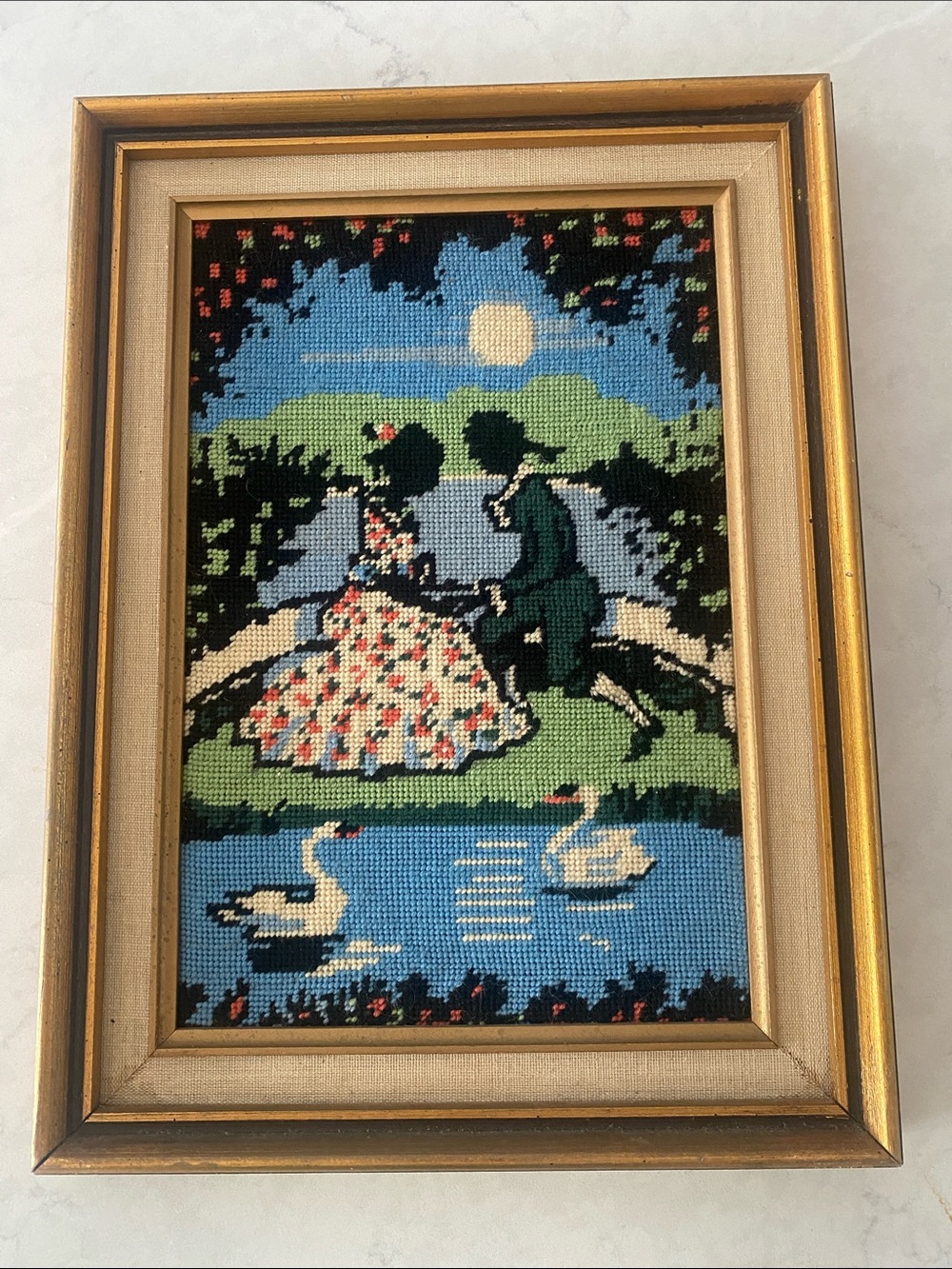 VTG Petit-Point Victorian Couple Scene in Blue & Green 14.25”x10.5